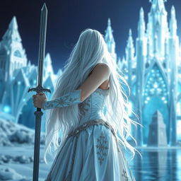 A captivating fantasy princess with long, flowing white hair, seen from the front as she confidently wields a finely detailed sword in her hand