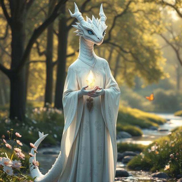 A serene female dragonborn white mage standing in a tranquil glade illuminated by soft, golden sunlight filtering through the trees