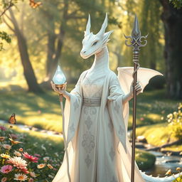 A serene female dragonborn white mage standing in a tranquil glade illuminated by soft, golden sunlight filtering through the trees