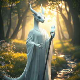 A serene female dragonborn white mage standing in a tranquil glade illuminated by soft, golden sunlight filtering through the trees