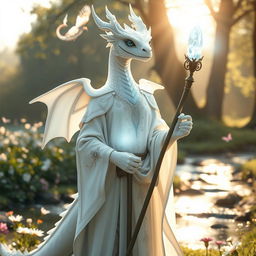 A serene female dragonborn white mage standing in a tranquil glade illuminated by soft, golden sunlight filtering through the trees
