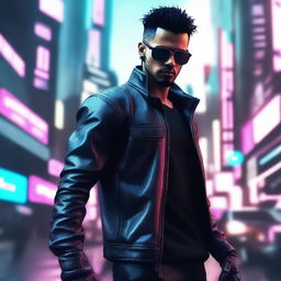 Generate a 4k, HD image of a cool, handsome individual involved in a futuristic cyberpunk cartel scene.