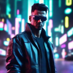 Generate a 4k, HD image of a cool, handsome individual involved in a futuristic cyberpunk cartel scene.