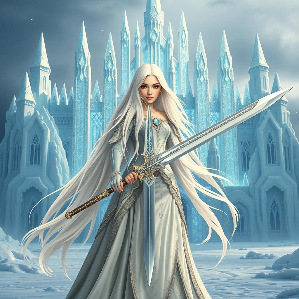 A stunning fantasy princess with long, flowing white hair, depicted from the front as she confidently wields a beautifully designed sword in her hand