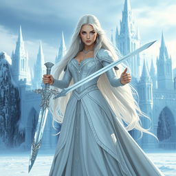 A stunning fantasy princess with long, flowing white hair, depicted from the front as she confidently wields a beautifully designed sword in her hand