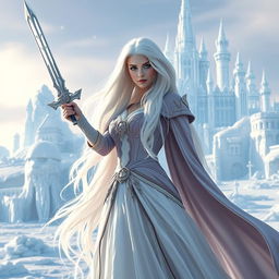 A stunning fantasy princess with long, flowing white hair, depicted from the front as she confidently wields a beautifully designed sword in her hand