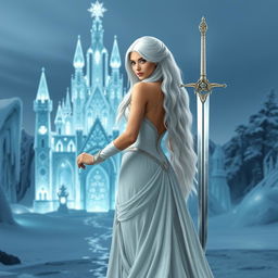A stunning fantasy princess with long, flowing white hair, depicted from the front as she confidently wields a beautifully designed sword in her hand