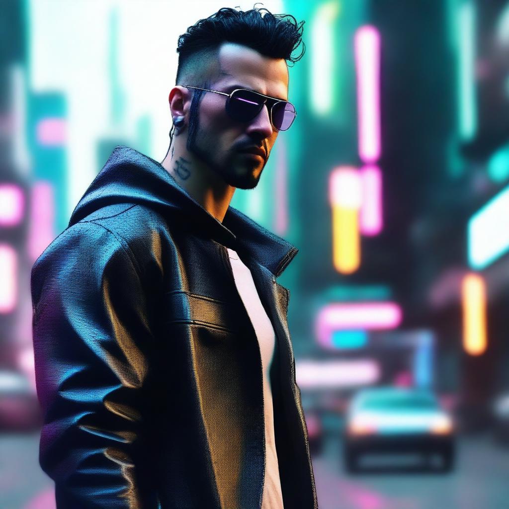 Generate a 4k, HD image of a cool, handsome individual involved in a futuristic cyberpunk cartel scene.