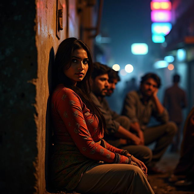 A sultry Pakistani woman with striking features, sitting against a wall in a dimly lit slum at night