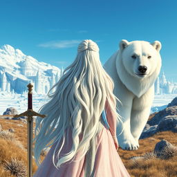 A fantastic princess with long white hair, viewed from the front, holding a sword in her hand