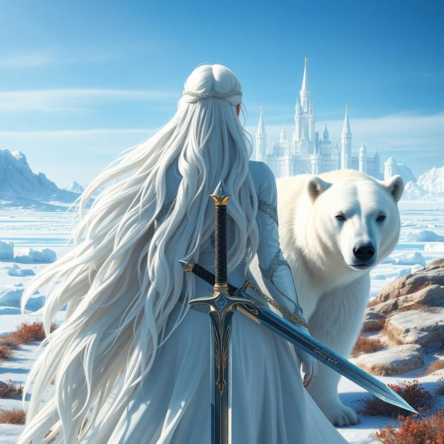 A fantastic princess with long white hair, viewed from the front, holding a sword in her hand