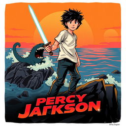 A retro cinematic poster for a movie adaptation of 'Percy Jackson', featuring a nostalgic design reminiscent of 1980s adventure films