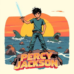 A retro cinematic poster for a movie adaptation of 'Percy Jackson', featuring a nostalgic design reminiscent of 1980s adventure films
