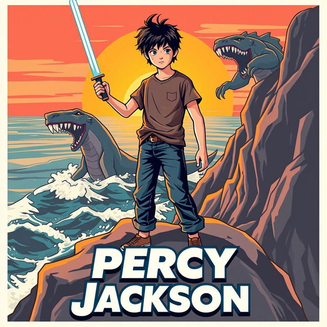 A retro cinematic poster for a movie adaptation of 'Percy Jackson', featuring a nostalgic design reminiscent of 1980s adventure films