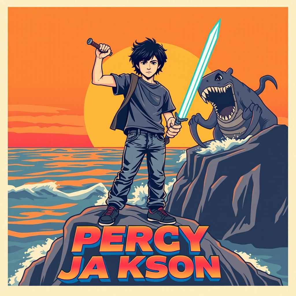 A retro cinematic poster for a movie adaptation of 'Percy Jackson', featuring a nostalgic design reminiscent of 1980s adventure films