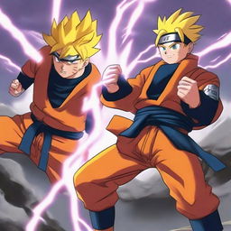 A grand, high-stakes showdown between Naruto and Goku, each channeling their immense power with electrifying energy swirling around them on a scarred battlefield under a tumultuous sky