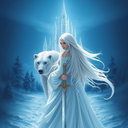 A beautiful fantasy princess with flowing white hair, seen from the front, holding a sword in her hand