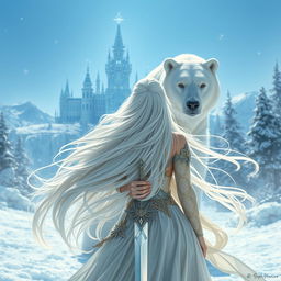 A beautiful fantasy princess with flowing white hair, seen from the front, holding a sword in her hand