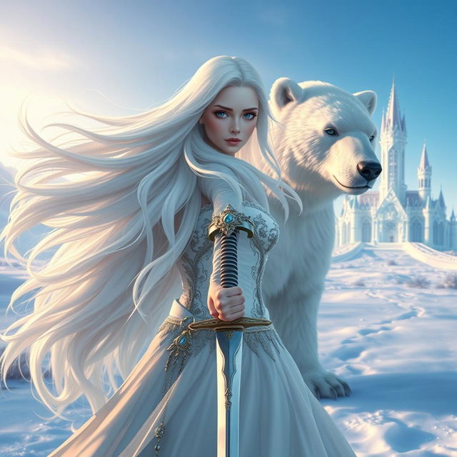 A beautiful fantasy princess with flowing white hair, seen from the front, holding a sword in her hand