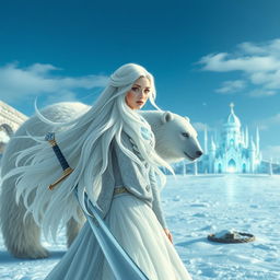 A beautiful fantasy princess with flowing white hair, seen from the front, holding a sword in her hand