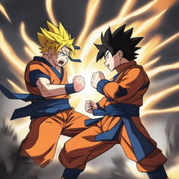 A grand, high-stakes showdown between Naruto and Goku, each channeling their immense power with electrifying energy swirling around them on a scarred battlefield under a tumultuous sky