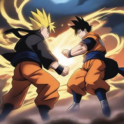 A grand, high-stakes showdown between Naruto and Goku, each channeling their immense power with electrifying energy swirling around them on a scarred battlefield under a tumultuous sky