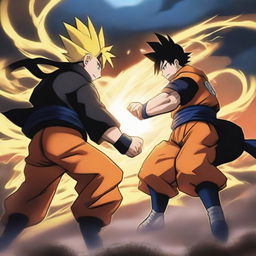 A grand, high-stakes showdown between Naruto and Goku, each channeling their immense power with electrifying energy swirling around them on a scarred battlefield under a tumultuous sky