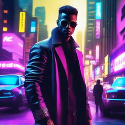 Create a 4k, HD image of a cool, handsome gangster immersed in a vibrant cyberpunk cityscape.