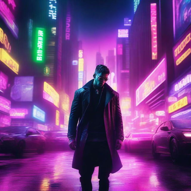 Create a 4k, HD image of a cool, handsome gangster immersed in a vibrant cyberpunk cityscape.