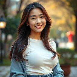 A beautiful Chinese woman with large breasts, radiating simple yet alluring charm