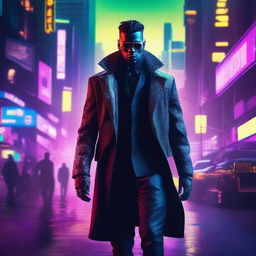 Create a 4k, HD image of a cool, handsome gangster immersed in a vibrant cyberpunk cityscape.