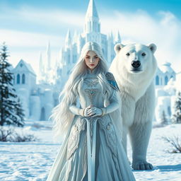 A stunning white-haired fantasy princess, viewed from the front, standing proudly with a sword in one hand and a majestic white bear by her side