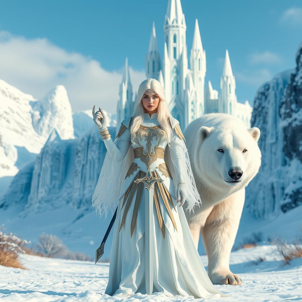 A stunning white-haired fantasy princess, viewed from the front, standing proudly with a sword in one hand and a majestic white bear by her side