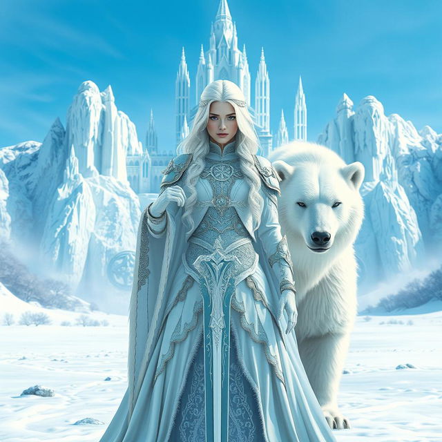 A stunning white-haired fantasy princess, viewed from the front, standing proudly with a sword in one hand and a majestic white bear by her side