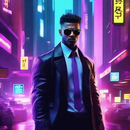 Create a 4k, HD image of a cool, handsome gangster immersed in a vibrant cyberpunk cityscape.