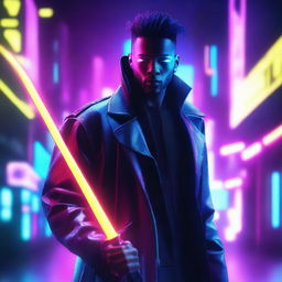 Craft a 4k and HD image of a cool, handsome man with a neon blade, set in a radiant cyberpunk world.