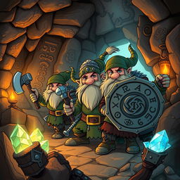 A whimsical and adventurous illustration featuring a group of heroic dwarves (enanos) engaged in a classic Dungeons and Dragons quest