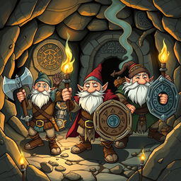 A whimsical and adventurous illustration featuring a group of heroic dwarves (enanos) engaged in a classic Dungeons and Dragons quest