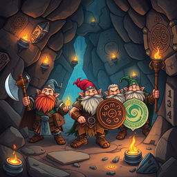 A whimsical and adventurous illustration featuring a group of heroic dwarves (enanos) engaged in a classic Dungeons and Dragons quest