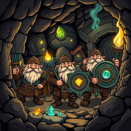 A whimsical and adventurous illustration featuring a group of heroic dwarves (enanos) engaged in a classic Dungeons and Dragons quest