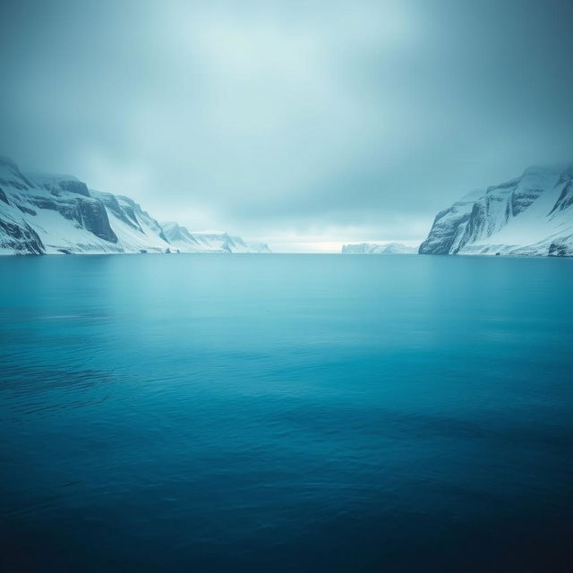 An expansive view of the Barents Sea, showcasing serene blue waters stretching to the horizon, bordered by striking snow-covered cliffs