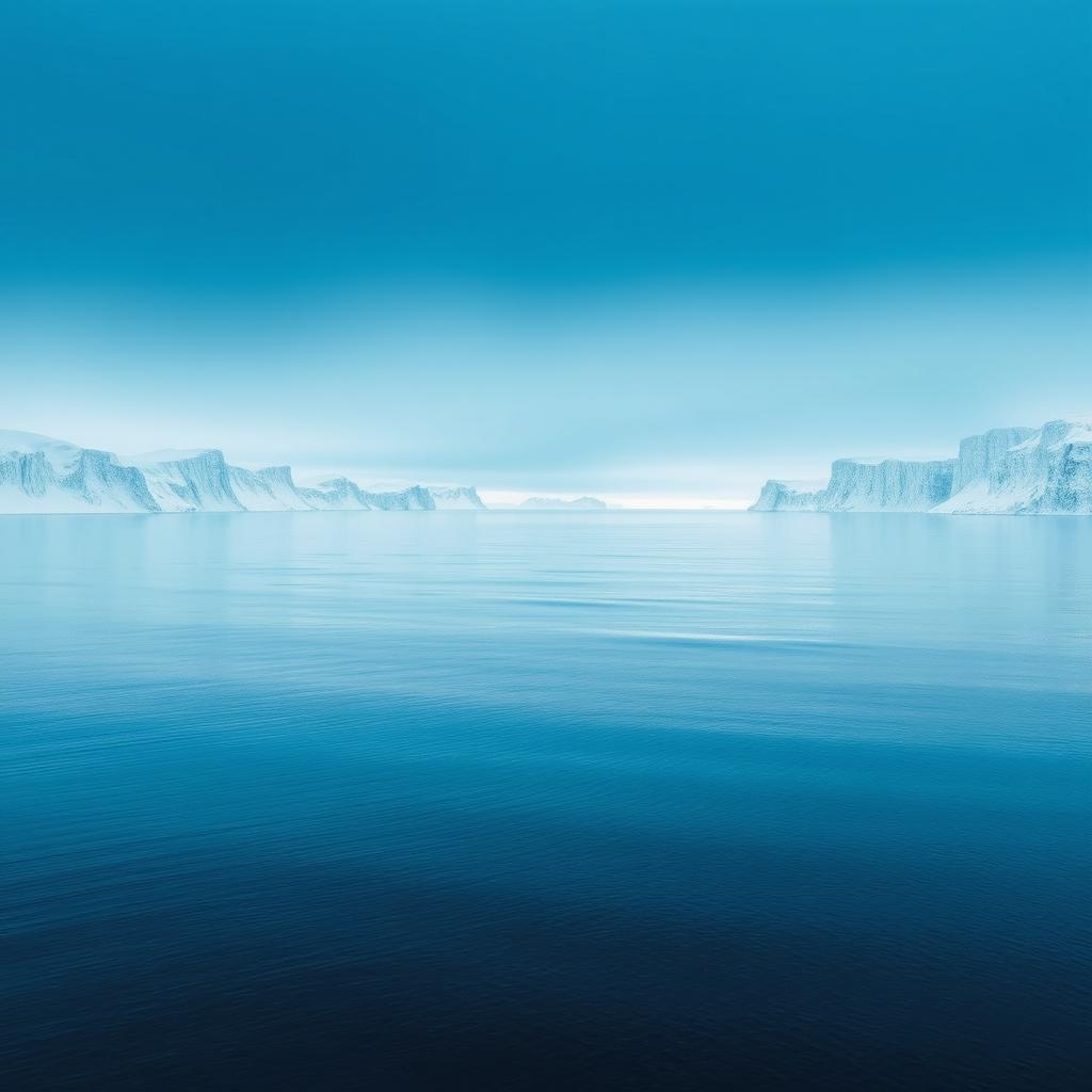 An expansive view of the Barents Sea, showcasing serene blue waters stretching to the horizon, bordered by striking snow-covered cliffs