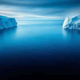 An expansive view of the Barents Sea, showcasing serene blue waters stretching to the horizon, bordered by striking snow-covered cliffs