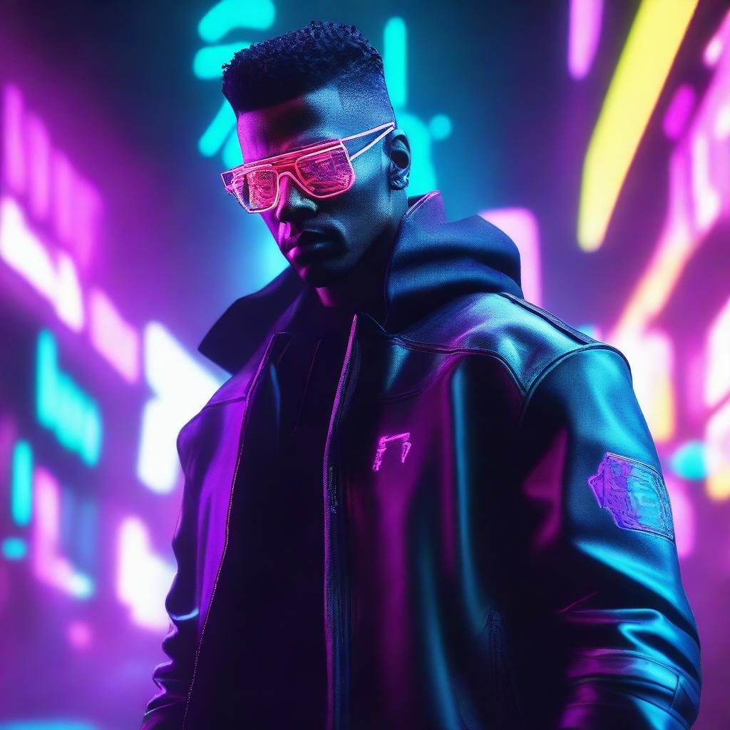 Craft a 4k and HD image of a cool, handsome man with a neon blade, set in a radiant cyberpunk world.