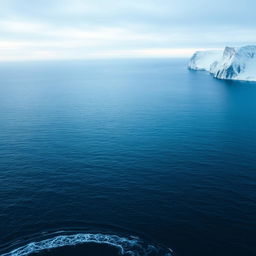 An expansive view of the Barents Sea, showcasing serene blue waters stretching to the horizon, bordered by striking snow-covered cliffs