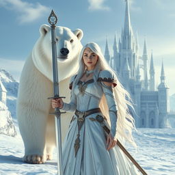 A striking white-haired fantasy princess, viewed from the front, confidently holding a sword in one hand