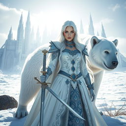 A striking white-haired fantasy princess, viewed from the front, confidently holding a sword in one hand