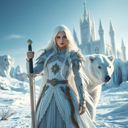 A striking white-haired fantasy princess, viewed from the front, confidently holding a sword in one hand