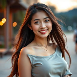 A stunningly beautiful Chinese woman with large breasts, embodying a casual yet alluring charm