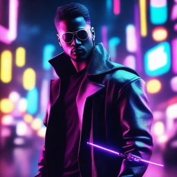 Craft a 4k and HD image of a cool, handsome man with a neon blade, set in a radiant cyberpunk world.